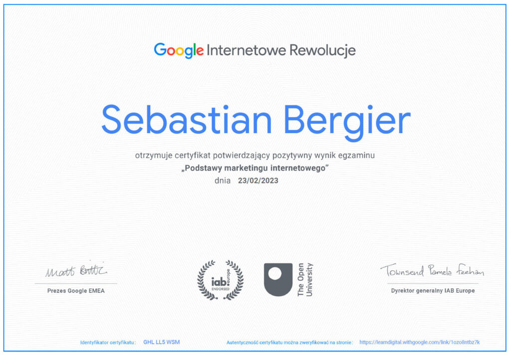 Certyfikat Podstaw marketingu internetowego od Google -SEO Radomsko