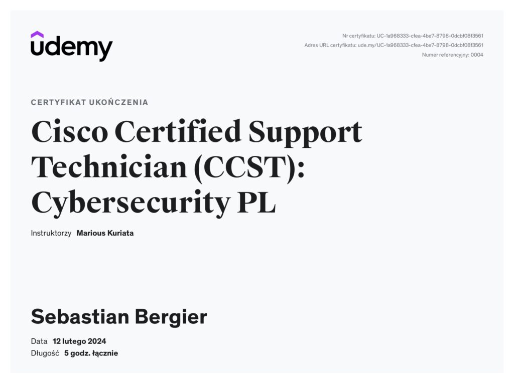 seo Radomsko - certyfikat z Cybersecurity
