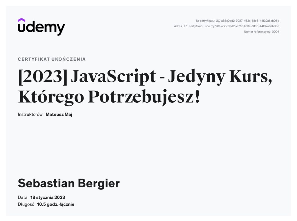 Certyfikat z kursu JavaScript 2023 - SEO Radomsko