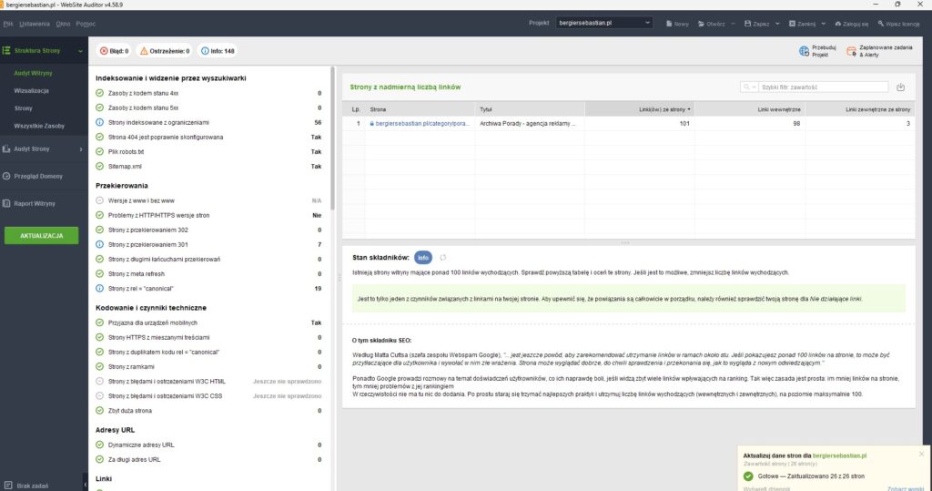 WebSite Auditor - strona główna, gdzie widać błędy na stronie. Pozycjonowanie stron radomsko