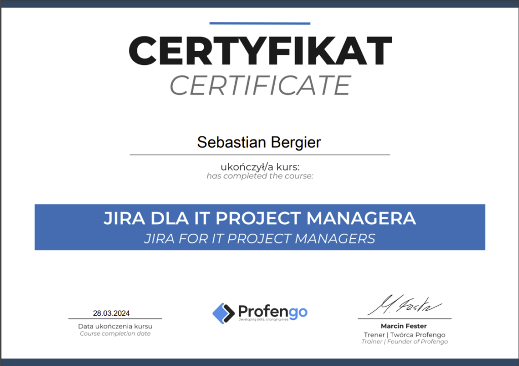 seo radomsko, optymalizacja stron internetowych radomsko, pozycjonowanie stron radomsko - certyfikat jira dla it project manager bergier sebastian